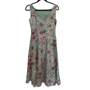 Vintage Laura Ashley Linen Floral Drop Waist A-Line Midi Dress - Size 4